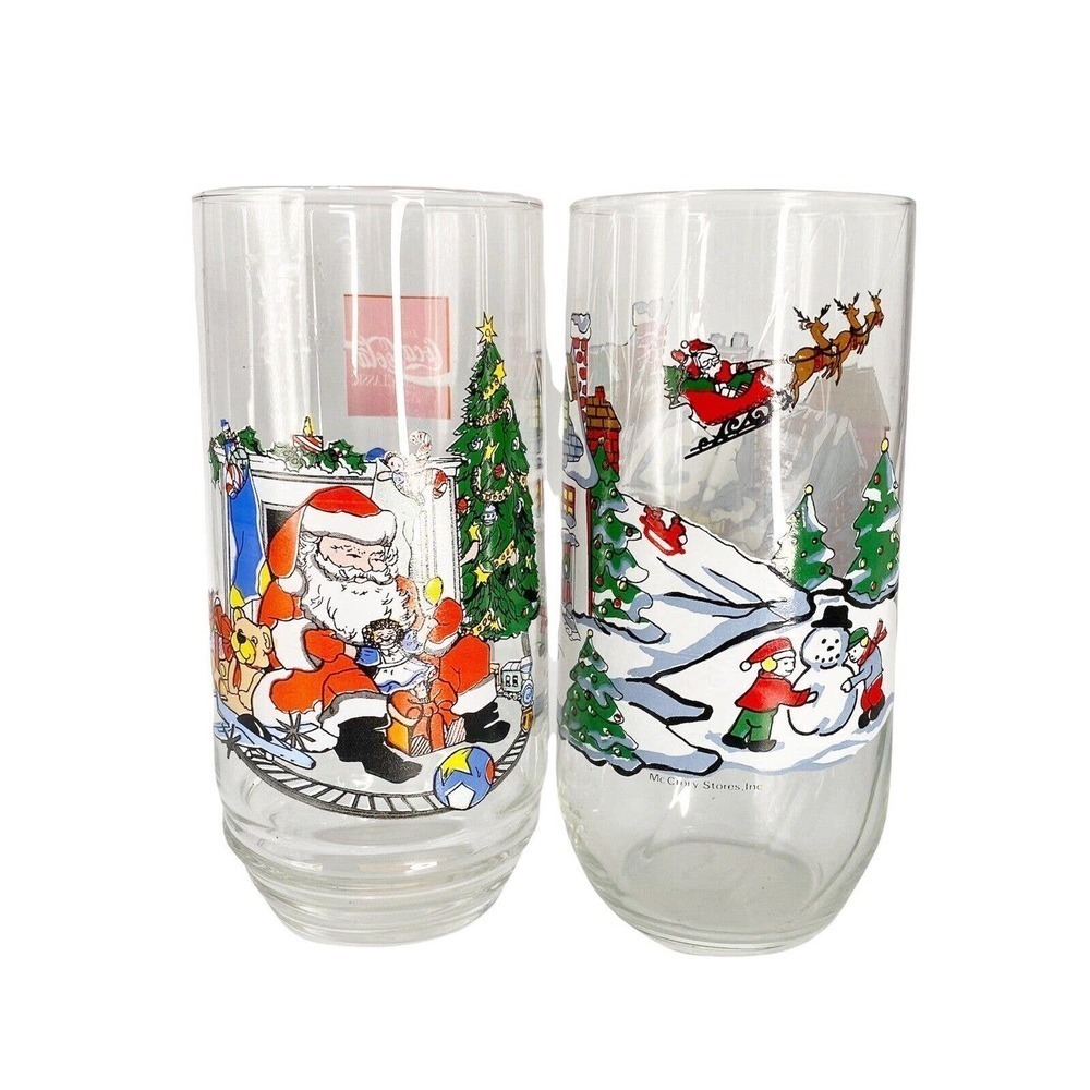 Coke Coca Cola Vtg Holiday Glasses McCrory Stores Christmas Snowman Toy Shop